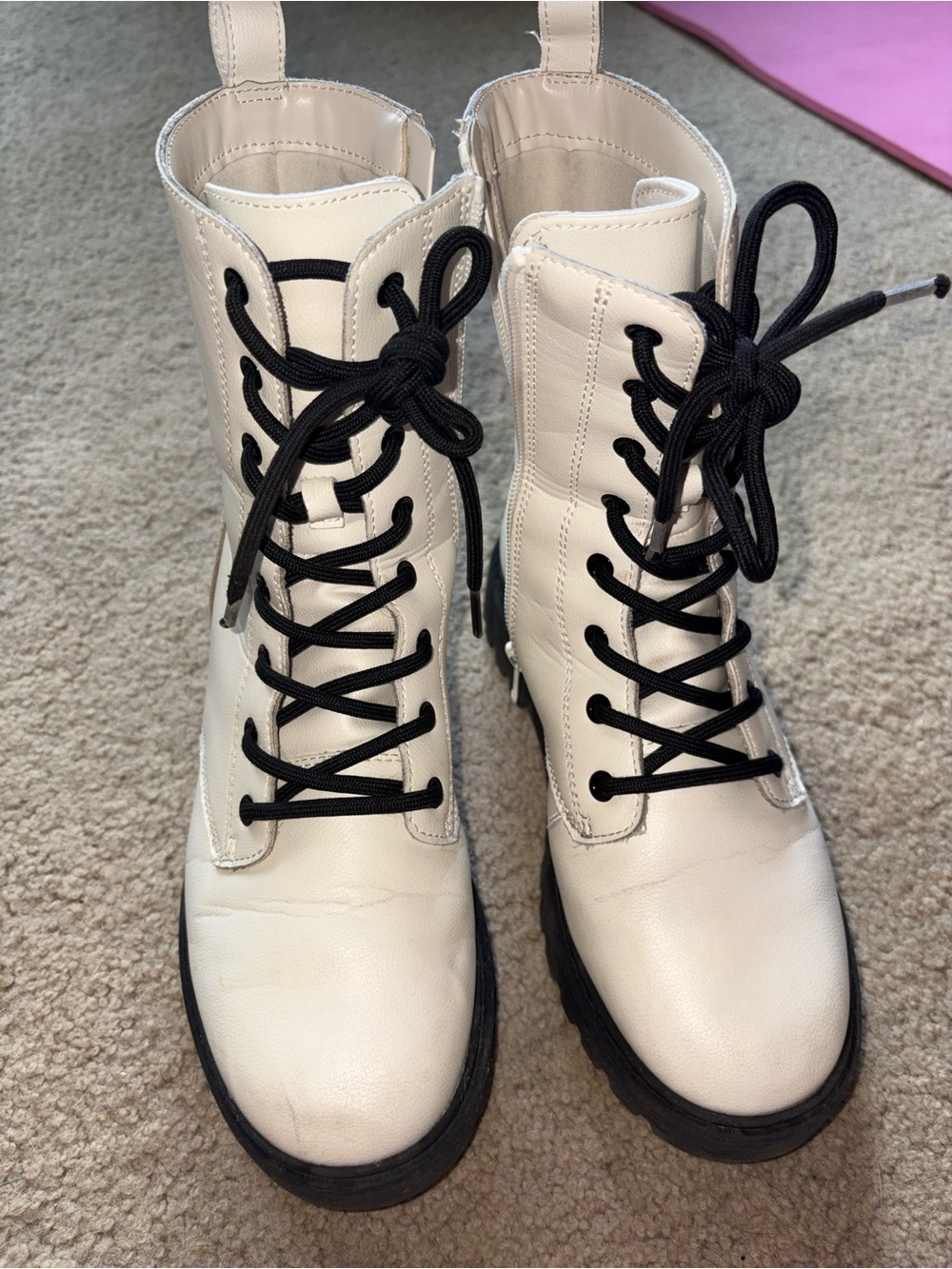 White Lace-Up Combat Boots with Black Laces